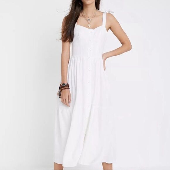 Urban Outfitters Positano Tie Shoulder Button Front Linen Dress L - Picture 2 of 6